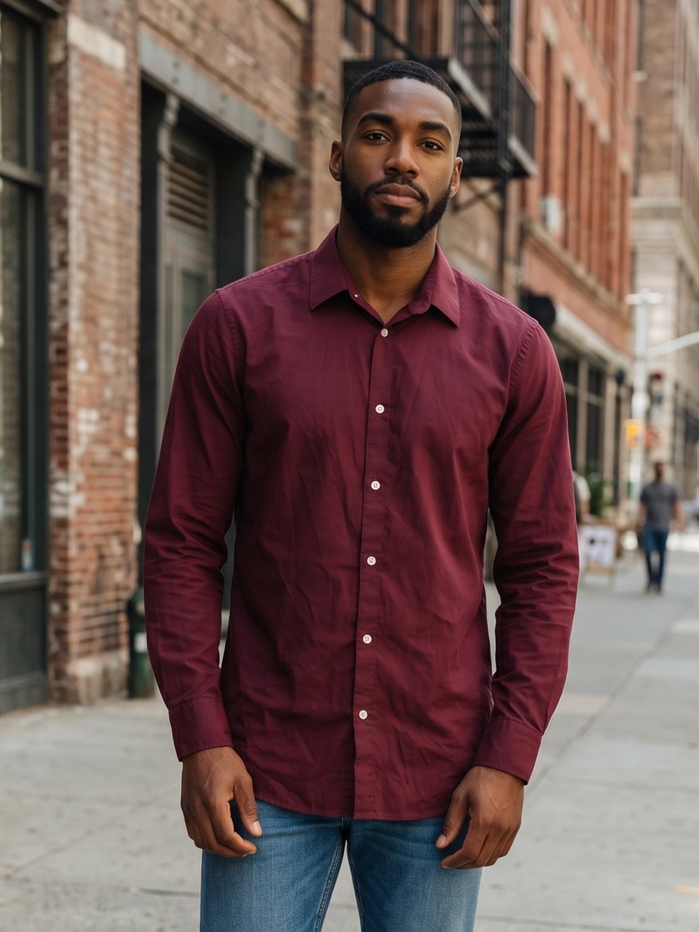 H&M Men's 2 Pack Navy Microdot Button-Down Slim Fit Shirt & Dark Burgundy - Picture 2 of 8